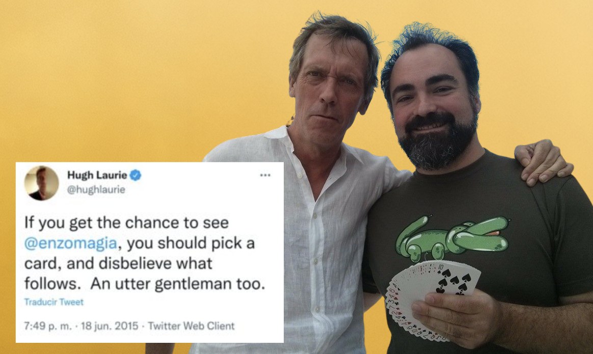 Enzo Lorenzo con Hugh Laurie y el tuit que el actor le dedicó en 2015
